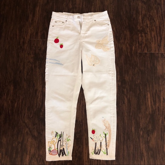 NWT! Zara Vintage High Waist Embroidered Beaded Straight Leg White Jeans Size 4 - Picture 5 of 13